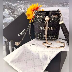 Chanel BLACK Tweed Bucket Bag with Gold Hardware NWB VIP Item